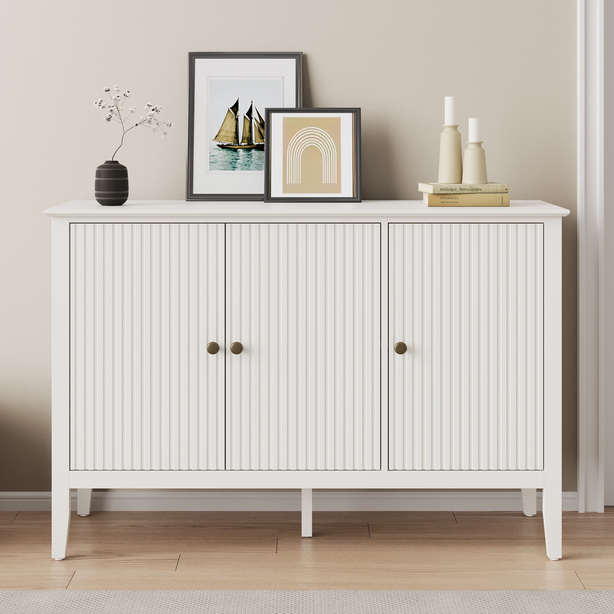 Fluted 3-Door Cabinet, Modern White Buffet Cabinet with Adjustable Shelves & Metal Knobs, Sideboard Coffee Bar Cabinet , Storage Cabinet for Living Room, Hallway, Entryway, Dining Room